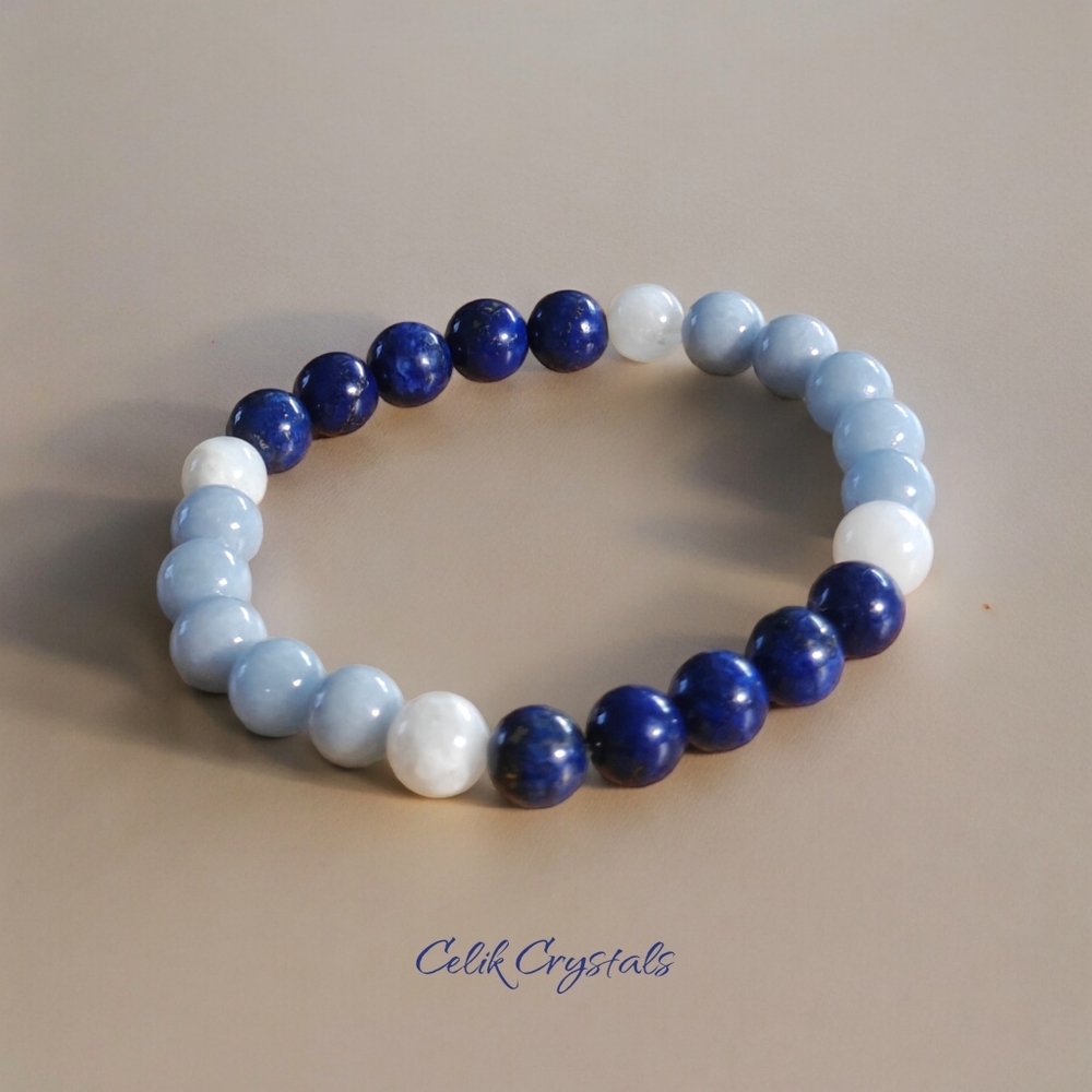Lapis Lazuli Bracelet Authentic Stones With Authentic Angelite & Moonstone - Picture 2 of 5